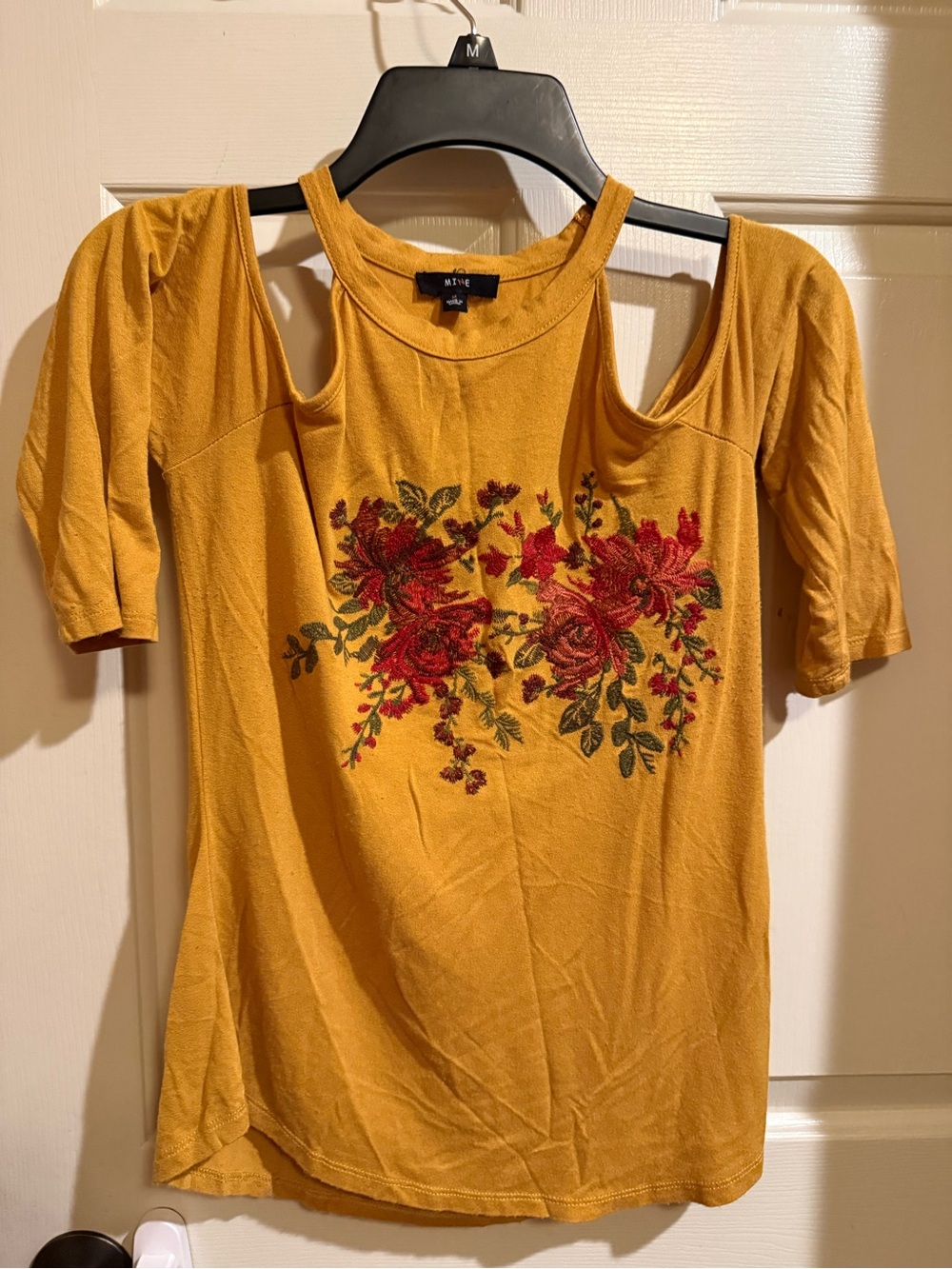 mine Mustard Cold-Shoulder Tee with Red Floral Embroidery